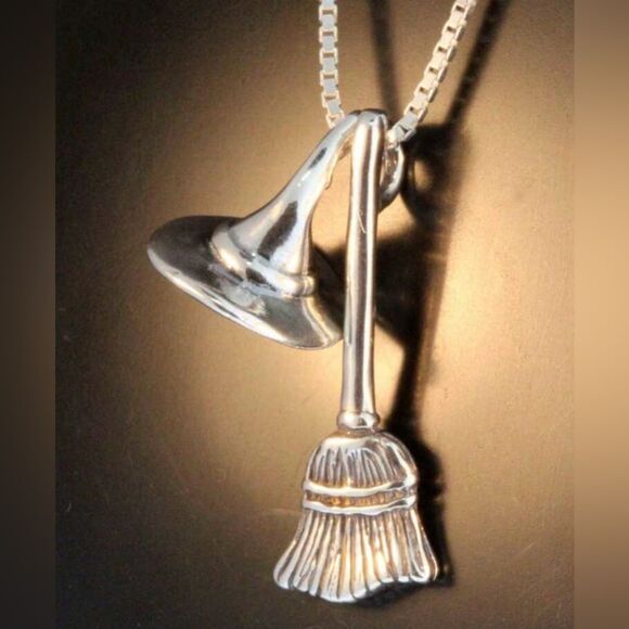 Goth Necklace Witch’s Broom & Hat, Silver Color, Engraved Design Layering Piece - Picture 4 of 5